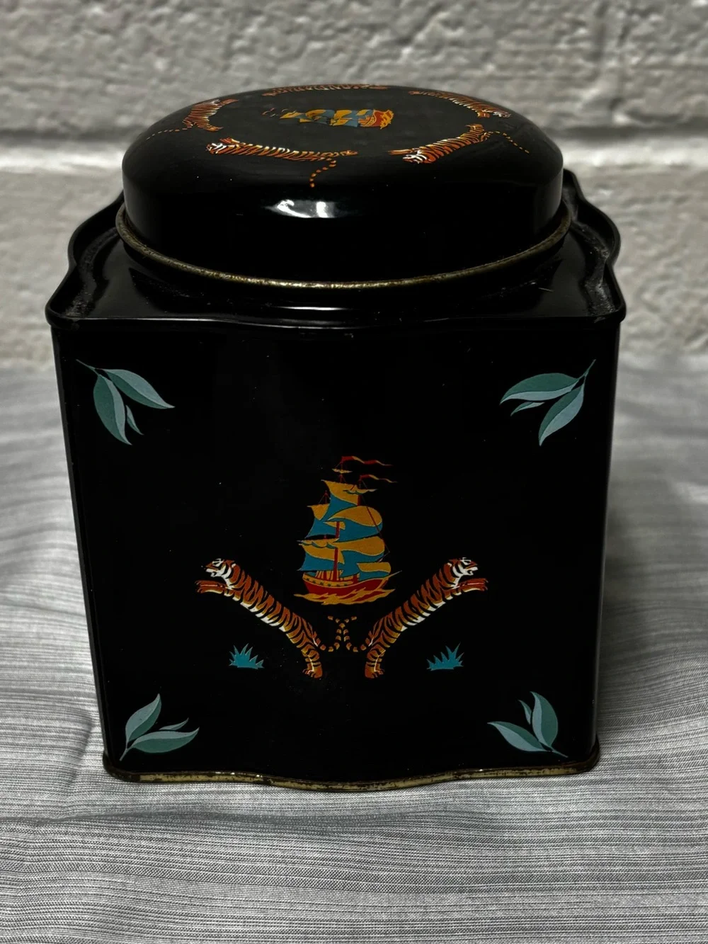 Sainsbury’s 1993 Assam Tea Caddy Vintage Black Tiger Ship Tin Decorative Storage